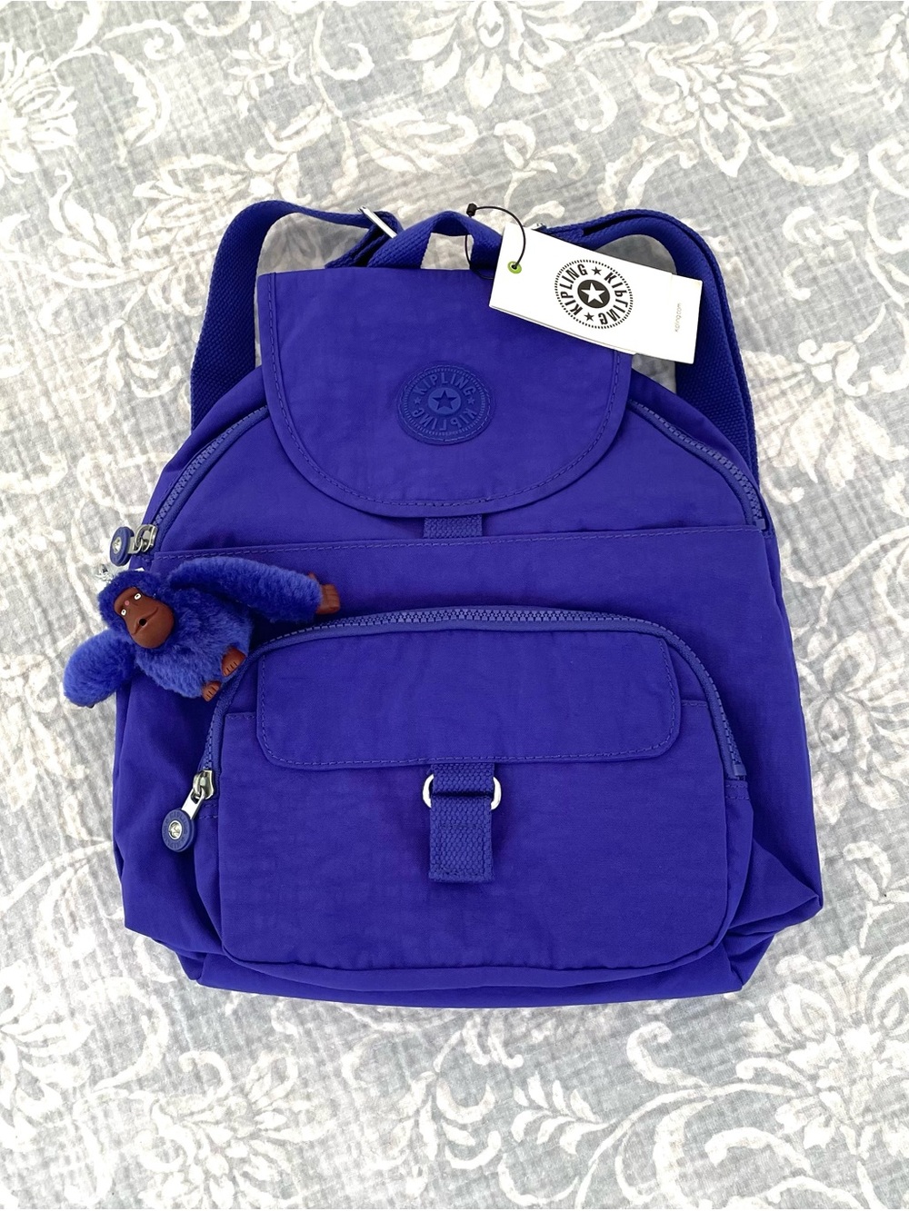 Kipling Sapphire Blue Queenie Model Nylon Backpack with Keychain NWT